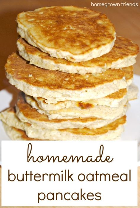 Homemade Buttermilk Oatmeal Pancakes - Homegrown Friends Easy Homemade Butter, Pancakes Homemade, Oatmeal Buttermilk Pancakes, Coconut Smoothie Recipe, Homemade Pancake Recipe, Buttermilk Recipes, Pancake Recipe Easy, Homemade Buttermilk, Healthy Recipes Easy Snacks