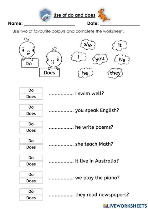 Do or does online worksheet for G2. You can do the exercises online or download the worksheet as pdf. P1 English Worksheet, Verb Do Does Worksheet, Do And Does Worksheet For Grade 1, Do Does Worksheet Grade 2, Do And Does Worksheet, Do Or Does Worksheet, Do Does Worksheet, Do Does, English Grammar Exercises