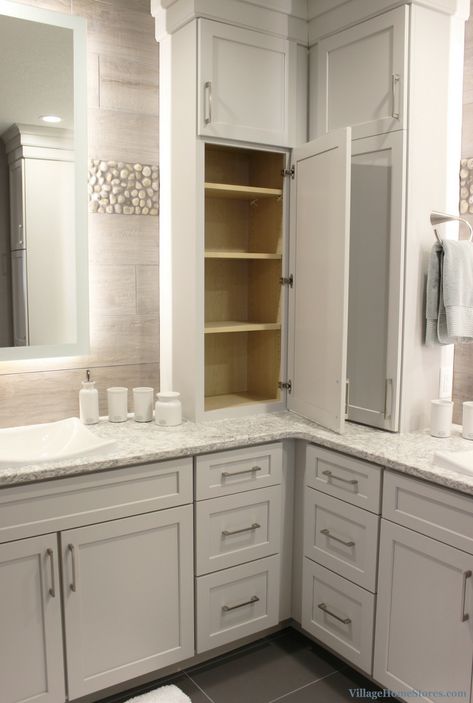 Bathroom With Corner Vanity, Bathroom L Shaped Vanity, Bathroom Vanity With Towers, L Bathroom Vanity, L Shaped Master Bath Layout, L Shape Bathroom Layout, Custom Bathroom Vanity With Linen Cabinet, L Shape Vanity Bathroom, L Shape Master Bath Vanity