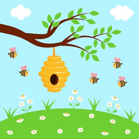 Nursing Station, Bee Cartoon, Honeybee Art, Cute Bees, Landscape Vector, Bee House, Bee Painting, Bee Bee, Cartoon Bee