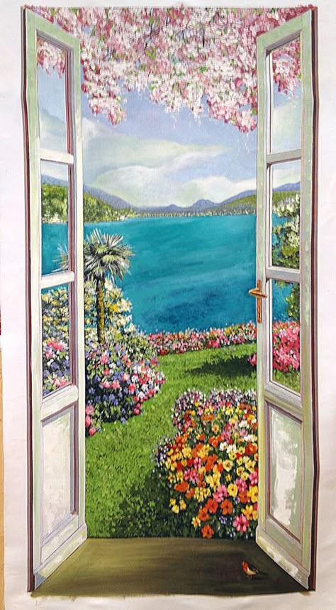 Window Landscape Painting, Door With Flowers Painting, Cottage Art Painting, Painting Of A Window, Window View Painting, Windows Painting, Window Painting Ideas, Beautiful Paintings Of Nature, View Painting