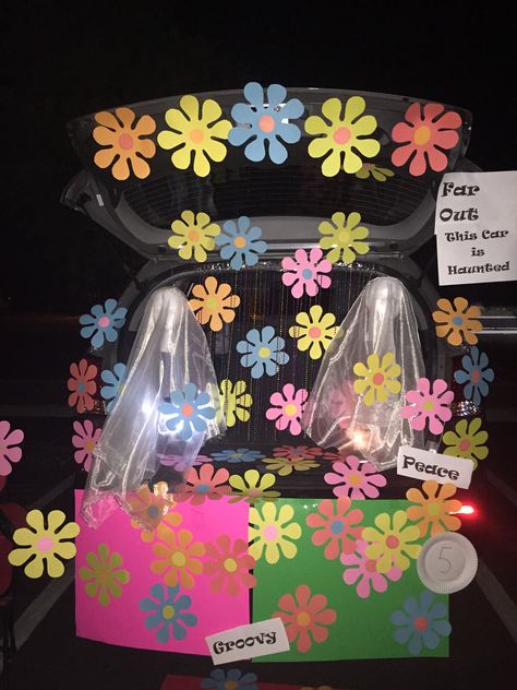 Hippy Trunk Or Treat Ideas, Hippie Trunk Or Treat Ideas, Groovy Trunk Or Treat, Hippie Trunk Or Treat, Hippy Decor, 10x10 Tent, Trunk Or Treat Ideas, Flower Car, Pumpkin Leaves