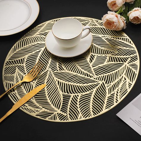 Amazon.com: Mabbcoo Placemats Set of 6, Round Leaf Place Mats for Dining Table Hollowed-Out Pressed Vinyl Table Mats for Holiday Party Wedding Accent Centerpiece Dinner Table Decoration (Gold) : Home & Kitchen Glass Dining Table Decor, 1920s Interior, Round Dinner Table, Gold Placemats, Tea Table Design, Vinyl Table, Dining Table Mats, Modern Placemats, Dining Table Placemats