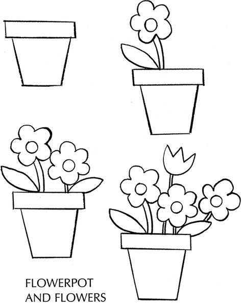 How to Draw a Pot & Flowers  (Spring) - free sample page from Dover Publications. Flower Pot Drawing, Trin For Trin Tegning, Pot Drawing, Pot Flowers, Spring Drawing, Drawing Lessons For Kids, Dover Publications, Easy Drawings For Kids, Plant Drawing