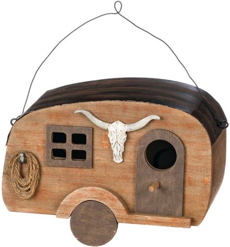 Camper Birdhouse.How cute is this!! great addition to porch or garden. #birdhouse #garden #porch #gardendecor #western Camper Birdhouse, Grapewood Branch, Adirondack Furniture, Fancy Chickens, Tin House, Ceramic Rooster, Bird House Kits, Western Home, Driftwood Branch