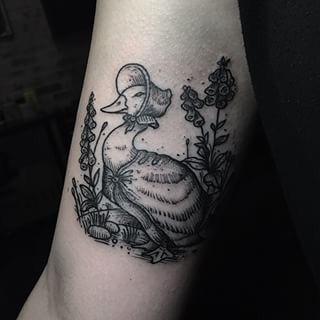 Jemima puddle duck tattoo Jemima Puddleduck Tattoo, Mother Duck Tattoo, Mother Goose Tattoo, Goose Tattoo, Jemima Puddle Duck, Duck Tattoos, Puddle Duck, Dirty 30, Duck Duck