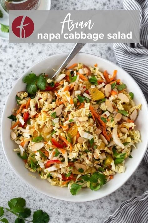 Napa Cabbage Salad is crisp, crunchy and utterly addictive!  This vegan salad is sweet, savory and tossed in an Asian dressing! #healthyrecipes #cabbage #vegan Napa Salad, Cabbage Vegan, Cabbage Meals, Chinese Cabbage Salad, Napa Cabbage Recipes, Napa Cabbage Slaw, Napa Cabbage Salad, Csa Box, Asian Dressing