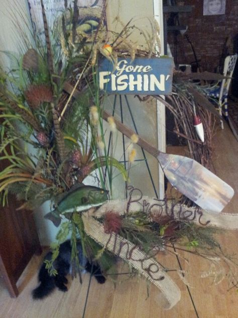 Gone fishing wreath Graveside Decorations, Fishing Wreath, Gravesite Decorations, Plant Arrangements, Grave Flowers, Casket Sprays, Cemetery Decorations, Grave Decorations, Memorial Flowers