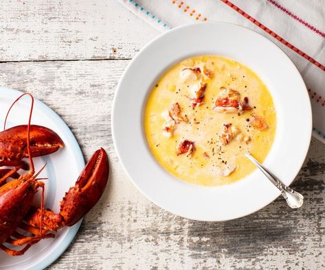 Sweet Potato Chowder Recipe, Grilled Lobster Recipes, Brothy Soup Recipes, Sweet Potato Chowder, Maine Recipes, Lobster Chowder, Lobster Stew, Lobster Soup, Lobster Bisque Recipe