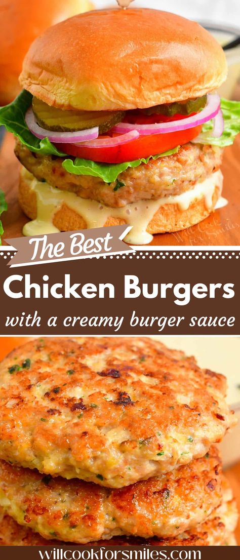 This recipe for the BEST Chicken Burgers cannot be beat! Juicy, flavorful chicken patties are absolutely delicious and you can use them in so many different dishes. I paired these delicious chicken burger a few simple veggies, delicate brioche buns, and addictive creamy sauce. Best Chicken Burger Recipe, Sauces For Chicken, Chicken Patty Recipes, Best Sauces, Ground Chicken Burgers, Chicken Burgers Recipe, Ground Chicken Recipes, Chicken Burger, Chicken Patties