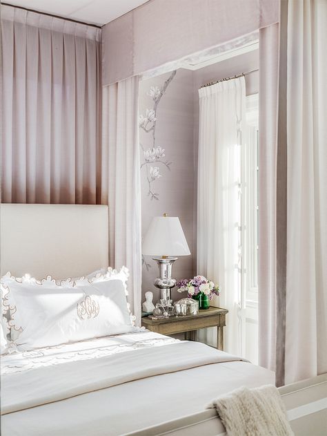 Get 8 Hours Of Sleep, Chinoiserie Bedroom, Lavender Bedding, Coral Pillows, Arched Headboard, 8 Hours Of Sleep, New York City Apartment, Bedrooms Decor, Four Poster