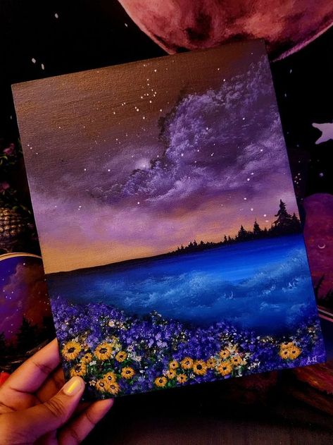 8x10 Canvas Painting Ideas, Painting On A Small Canvas, 3 Canvas Painting Ideas, Enchanted Forest Painting, 3 Canvas Painting, 2024 Aesthetic, Sky Art Painting, Simple Painting, Canvas Painting Ideas