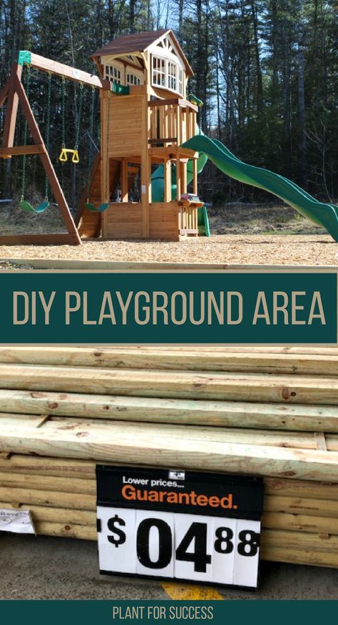 playground border on top portion. Bottom portion is landscape timbers at a big box store Diy Play Ground Ideas Backyards, Raised Playground Area, Play Area Border Ideas, Playground Area Landscape, Playground Base Ideas, Playground Upgrade Ideas, Playground Area Backyard, Backyard Play Area For Kids Landscaping, Playset Border Ideas