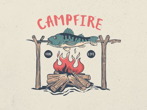 Campfire for Life by Mangustudio on Dribbble Camping Illustration Graphics, Campfire Illustration, Poster For Your Room, Camp Tshirt Designs, Campfire Drawing, Famous Ads, Vintage Tshirt Design, Adventure Summer, Asian Architecture