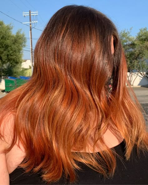 Black Ginger Balayage, Ginger Balayage Straight Hair, Black Hair Ginger Balayage, Copper Hair Ombre Balayage, Dark Orange Ombre Hair, Black And Orange Balayage, Brown To Copper Ombre Hair, Copper Hair Baylage, Natural Red Ombre Hair