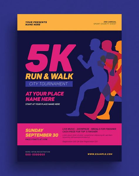 5k Run & Walk Event Flyer Template PSD, AI. Download Book Design Templates, Architecture Brochures, 5k Run, Marketing Plan Template, Proposal Design, Logo Design Tutorial, Running 5k, Free Flyer Templates, Event Flyer Templates