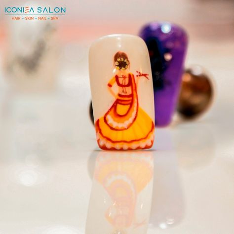 Navratri Theme Nail Art, Navratri Nail Art Ideas, Figure Nails Art Designs, Navaratri Nail Art, Navratri Special Nail Art, Navratri Special Nail Art Designs, Navratri Nails Idea, Garba Nails, Brush Work Nail Art