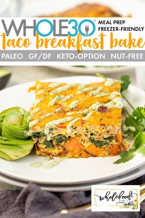 Whole30 Taco Breakfast Casserole - WholeFoodFor7 Taco Breakfast Casserole, Whole 30 Breakfast Casserole, Taco Breakfast, Sausage And Bacon, Breakfast Casserole Recipes, Easy Breakfast Casserole, Easy Breakfast Casserole Recipes, Sweet Potato Tacos, Sweet Potato Spinach