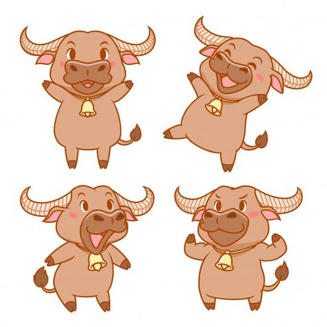 Set of cute cartoon buffalo in different... | Premium Vector #Freepik #vector #character #cartoon #animal #farm Ox Cartoon, Buffalo Cartoon, Buffalo Animal, Inkscape Tutorials, Cow Illustration, New Year Illustration, Flat Logo, Different Poses, Character Cartoon