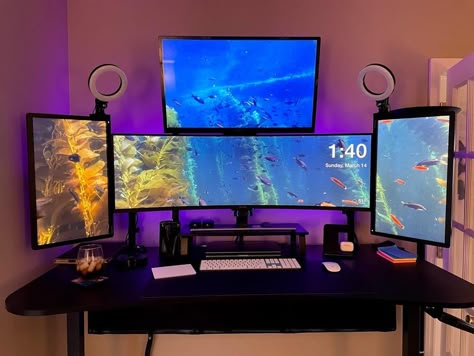 Title: New Setup! Content: - PostURL: - ImageURL: - 3 Monitor Setup Gaming, Quad Monitor Setup, Creative Office Decor, Trading Setup, Monitor Setup, Small Game Rooms, Gaming Desk Setup, Handmade Desks, Modern Home Offices