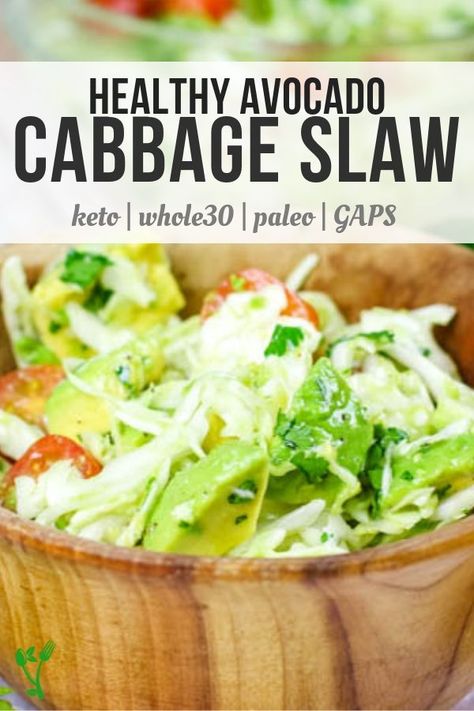 The BEST Avocado Cabbage Slaw - crunchy raw cabbage, seasonal tomatoes and creamy avocados make the best slaw. It's paleo, whole30 and keto too! #lowcarb #rawcabbage Raw Cabbage, Avocado Health Benefits, Low Carb Salad, Slaw Recipes, Stuffed Avocado Healthy, Cabbage Slaw, Healthy Food Delivery, Cabbage Salad, Cabbage Recipes