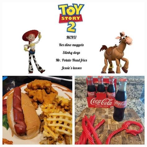 Toy Story Dinner Theme, Toy Story Dinner And A Movie, Themed Movie Nights For Kids, Disney Movie Themed Food, Themed Movie Night Ideas, Disney Movie Themed Dinner, Movie Meals, Disney Meals, Family Movie Night Snacks