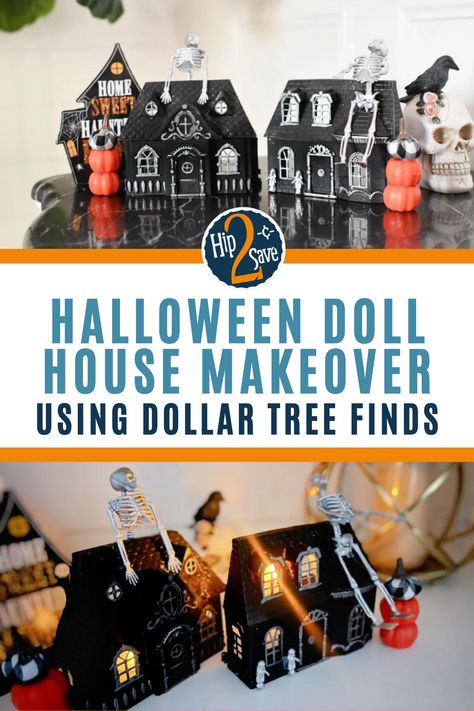 Turn a Dollar Tree doll house into a spooky DIY Halloween decoration using spray paint and affordable craft supplies. This Halloween craft is fun and affordable to make! Dollar Store Doll House Halloween, Dollar Tree Halloween Doll House Diy, Dollar Tree Dollhouse Makeover Halloween, Dollar Tree Doll House Halloween, Dollar Tree Halloween House, Dollar Tree Doll House Makeover, Dollar Tree Dollhouse Halloween, Diy Creepy Dolls, Halloween Dollhouse Diy