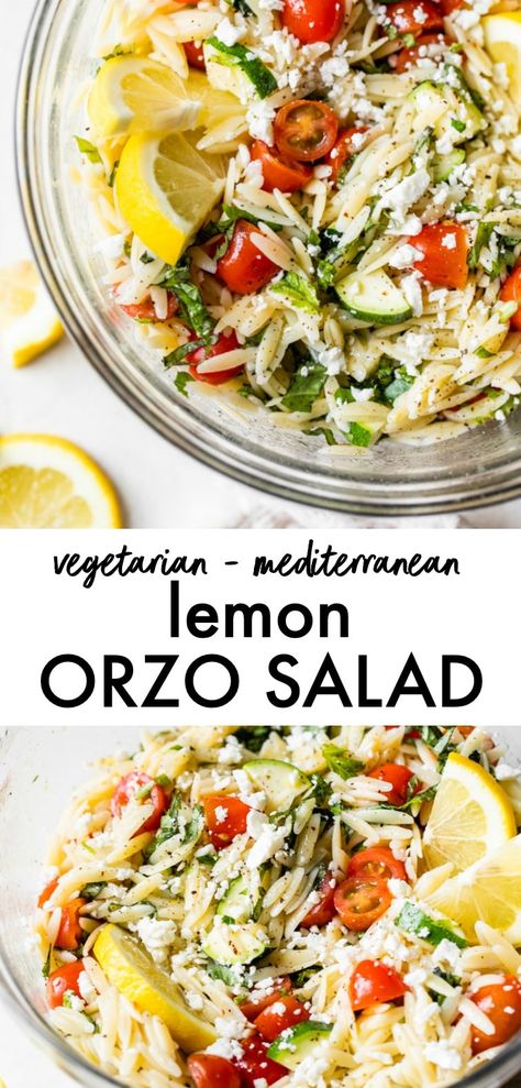 Healthy LEMON ORZO SALAD that's both light and refreshing. It uses fresh produce + plenty of lemon juice to add flavor to this dish, and it can be enjoyed hot or cold! #orzo Salad Orzo, Lemon Orzo Salad, Orzo Salad Recipes, Lemon Salad, Lemon Orzo, Orzo Pasta Salad, Lemon Diet, Vegetarian Pasta Recipes, Vegetarian Soup Recipes