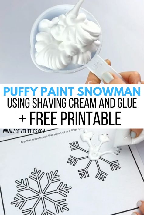 Puffy Paint Snowman using Shaving Cream and Glue - Active Littles Shave Cream Painting, Shaving Cream Ornaments, Shaving Cream Snowman Craft, Snowman Puffy Paint Craft, Painting With Shaving Cream, Glue And Shaving Cream Puffy Paint, Glue Shaving Cream Paint, Shaving Cream Snow, Bees Crafts