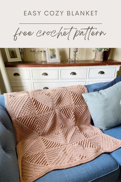 a pink crochet textured blanket hangs over a blue sofa with a dresser behind it Textured Crochet Blanket Pattern, Textured Crochet Blanket, Modern Crochet Patterns Free, Geometric Blanket, Crocheted Blankets, Textured Blankets, Striped Baby Blanket, Textured Crochet, Colorful Blanket