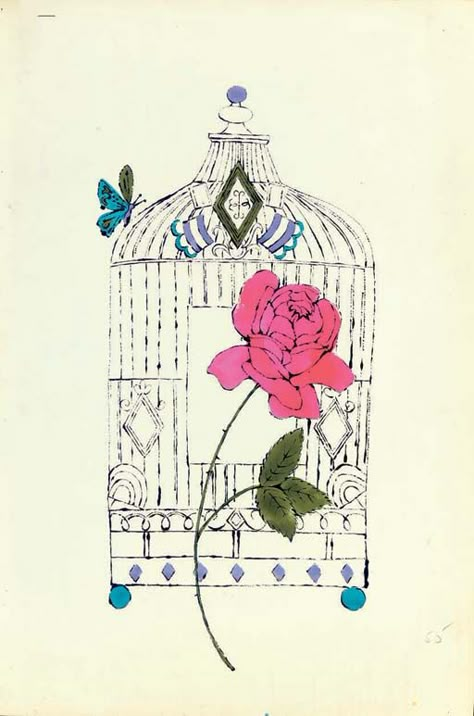 Andy Warhol (1928-1987) | Untitled (Birdcage with Butterfly and Rose) | 1950s, Drawings & Watercolors | Christie's Andy Warhol Drawings, Butterfly And Rose, Andy Warhol Pop Art, Andy Warhol Art, Warhol Art, Rose Illustration, Quirky Illustration, Andy Warhol, Art Movement