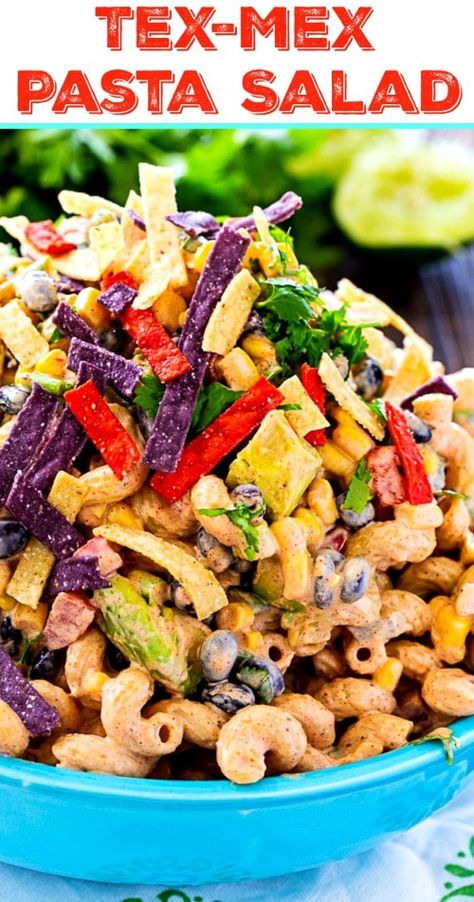 Tex-Mex Pasta Salad with corn, black beans, and avocado in a sour cream/salsa dressing. Tex Mex Pasta Salad, Pasta Salad With Corn, Tex Mex Pasta, Salsa Dressing, Spicy Taco Seasoning, Taco Pasta Salad, Spicy Tacos, Taco Pasta, Southern Kitchen