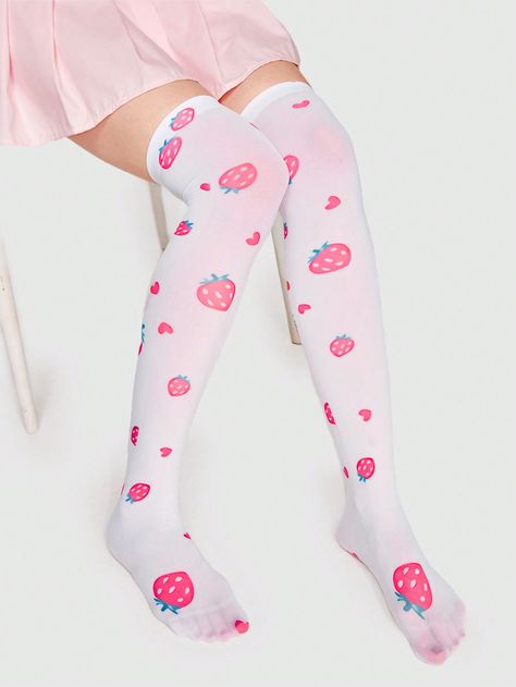 Kawaii 1pair Women Strawberry Print Over The Knee SocksI discovered amazing products on SHEIN.com, come check them out! Kawaii Socks Thigh Highs, Kawaii Socks Long, Kawaii Knee High Socks, Harajuku Style Fitted Knee-high Socks For Spring, Deadpool Outfit, Harajuku Style Stretch Knee-high Socks, Kitty Clothes, Cute Dress Outfits, Over The Knee Socks