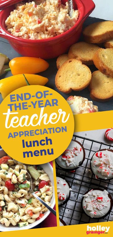 Looking for teacher appreciation ideas as the end of school approaches? Join together with other parents and throw a sweet and simple teacher appreciation lunch to celebrate the educators in your life. Gather a small group and follow this easy teacher appreciation menu. | Holley Grainger - Cleverful Living || #lunchmenu #teacherappreciation #luncheon Teacher Conference Meal Ideas, Lunch For Teachers, Staff Luncheon Ideas, Teacher Lunch Ideas, Teacher Luncheon Ideas, Teacher Appreciation Lunch, Luncheon Recipes, Teacher Appreciation Ideas, Teacher Lunch