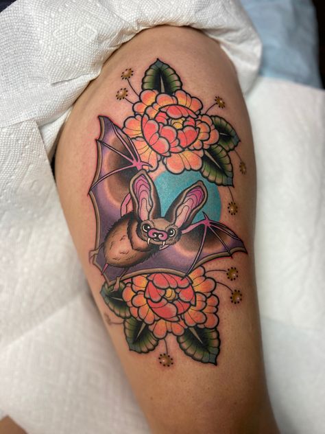 Halloween spooky tattoo Fruit Bat Tattoo, Bat Tattoos, Tattoo Mistakes, Plymouth Michigan, Nerd Tattoo, Bat Tattoo, Fruit Bat, Traditional Ink, R Tattoo