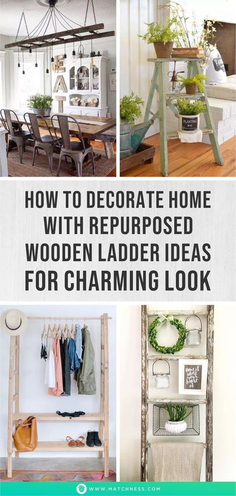 Wooden Ladders Ideas Decor Outside, Repurpose Wooden Ladder, Repurposed Wooden Ladder, Antique Ladder Ideas, Wooden Ladders Ideas Decor, Small Ladder Decor Ideas, Small Ladder Decor, Old Ladders Repurposed, Repurpose Ladder