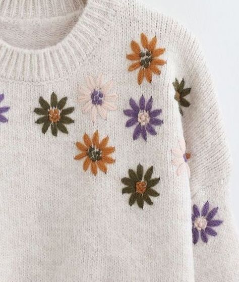 Knit Sweater With Flowers, Embroidery Wool Sweater, Patterns Outfit, Hand Embroidery Dress, Gown White, Embroidery Sweater, Cozy Design, Floral Embroidery Patterns, White Gown