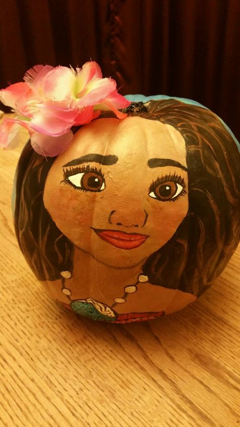 I painted Moana for a Literary Pumpkin Contest. Disney Character Pumpkins Painted, Disney Princess Painted Pumpkins, Character Pumpkin Ideas Storybook, Moana Pumpkin Painting Ideas, Barbie Pumpkin Painting, Moana Pumpkin Carving, Moana Pumpkin, Elsa Pumpkin, Moana Halloween