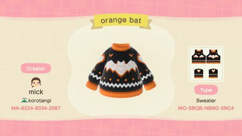 animal crossing acnh clothing code design orange bat sweater halloween autumn fall Acnh Creepy, Acnh Outfits, Ac Codes, Acnh Clothes, Animal Crossing Memes, Acnh Designs, Animal Crossing Wild World, Club Penguin, Animal Crossing Game