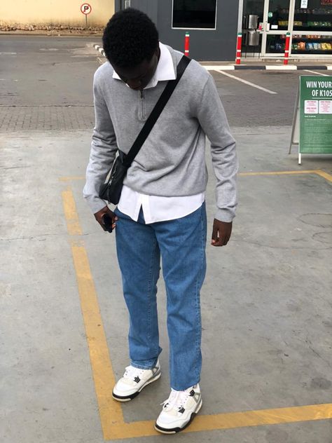 White shirt with turtle neck zip sweater and old fashion denim jeans with Jordan’s 4 cements Jeans With Jordans, Jeans With Shirt, Jordan 4 Outfit Men, Jordan 4 Outfit, Baggy Jeans Men, Demin Jeans, Jordan 4’s, Jordan 4s, Jeans Men