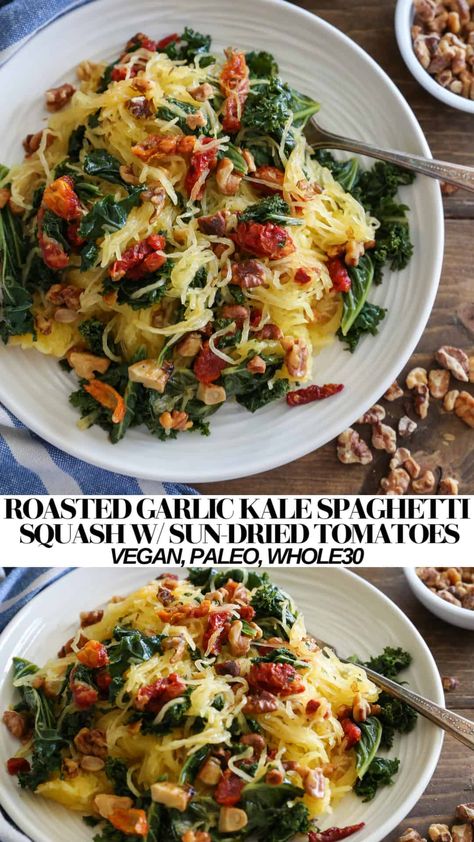 Roasted Garlic and Kale Spaghetti Squash with Sun-Dried Tomatoes - The Roasted Root Kale Spaghetti, Healthy Squash Recipes, Spaghetti Squash Recipes Healthy, Garlic Kale, Sundried Tomatoes, Spaghetti Squash Recipes, Low Carb Vegan, Sun Dried Tomatoes, Spaghetti Recipes