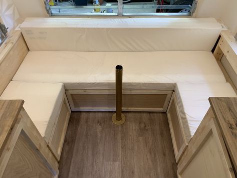 Table To Bed Camper, Camper Dinette Into Bed, Diy Camper Table To Bed, Rv Banquette Remodel, Camper Table To Bed, Camper Dining Booth Remodel, Camper Table, Wooden Bench Seat, Camper Renovations