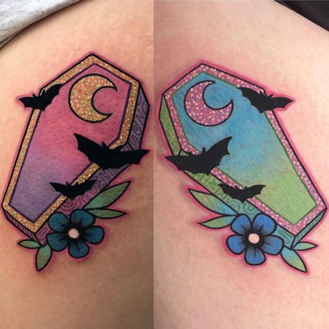 Kate Schmelter on Instagram: “Two matching spooky coffin tats just in time for Spooky Szn ✨” Traditional Tattoo Coffin, 333 Tattoos, Halloween Sleeve, Pretty Coffins, Coffin Tattoo, Bestie Tattoo, Spooky Tattoos, Spooky Szn, Matching Halloween