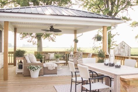 Deck Reveal - Our Completed Outdoor Living Space - Love Grows Wild Terraced Deck, Liz Fourez, Gazebo On Deck, Rustic Lake Houses, Outdoor Covered Patio, Gorgeous Farmhouse, Concrete Patios, Farmhouse Patio, Hardscape Design