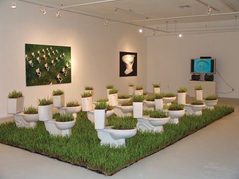 Antuan, Estado de Satisfacción (State of well-being), 2003, toilet bowls, grass, soil, variable dimensions. Installation view of the exhibition “Post-Human ... Toilet Art, Post Human, Toilet Bowls, Contemporary Artist, Plant Art, The Exhibition, Commercial Design, Toilets, Art Stuff