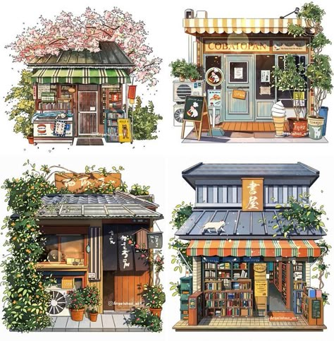 Illustration Building Architecture, Cute Shop Drawing, Convenience Store Drawing, Book Shop Illustration, Shops Drawing, Shops Illustration, Ipad Art Procreate, Cafe Building, Buildings Illustration