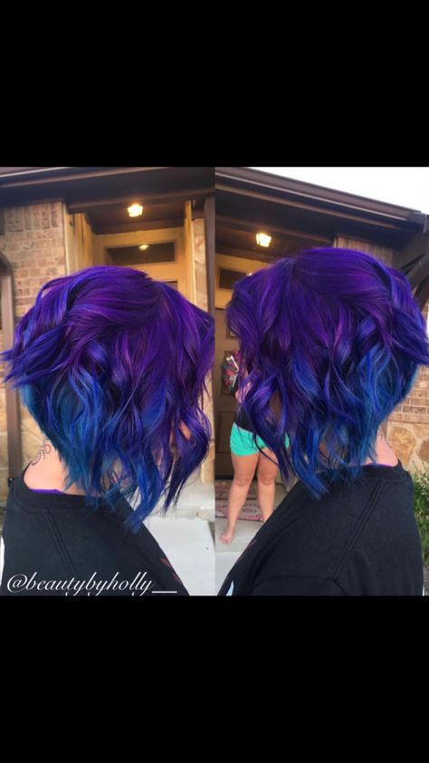 blue and purple ombré, blue hair, purple hair, blue bob, purple bob, short haircut, short hairstyles Pastel Hair Short, Purple Bob, Blue Purple Hair, Blue Bob, Purple Ombre Hair, Blue Ombre Hair, Short Ombre Hair, Galaxy Hair, Creative Hair Color