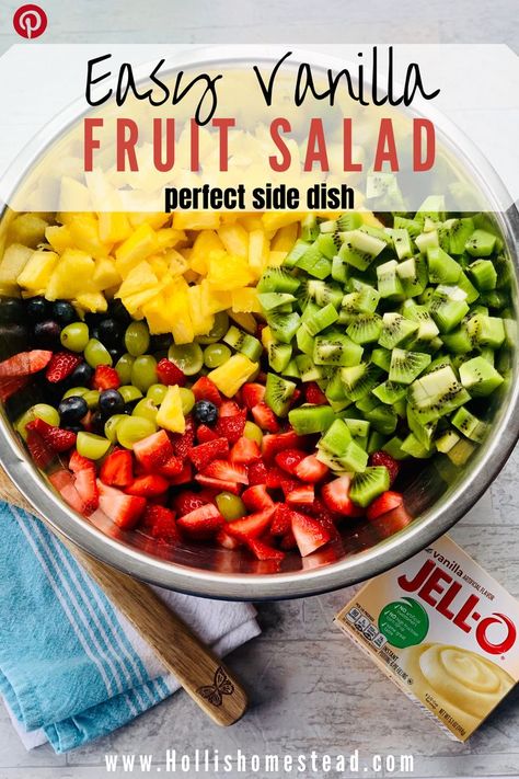 This contains: fresh fruit, vanilla jell-o pudding mix Vanilla Fruit Salad, Fruit Salad With Vanilla Pudding, The Best Fruit Salad, Easy Fruit Salad, Fruit Salad Ingredients, Summer Side Dishes Recipes, Best Fruit Salad, Vanilla Fruit, Fruit Salad Easy