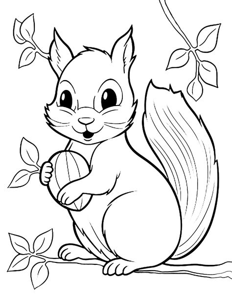 Happy Squirrel: A squirrel with a nut in its paws, sitting on a tree branch. (Free Printable Coloring Page for Kids) Animal Coloring Pages Free Printable, Printable Animal Coloring Pages, Squirrel Coloring Page, Happy Squirrel, Embroidery Quilt, Printable Animals, Fall Coloring Pages, A Squirrel, Cat Coloring Page