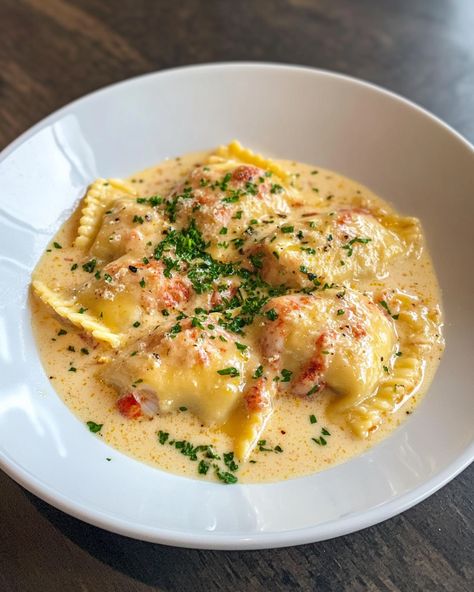 There’s something indulgent yet refreshingly light about Lobster Ravioli in Lemon Butter Sauce. This elegant dish combines tender lobster-filled ravioli with a silky, tangy butter sauce that’s perfect for a special occasion or whenever you want to elevate dinner. Quick and easy to prepare, this recipe brings restaurant-quality flavor right to your table. Egg Yolk Ravioli Brown Butter Sauce, Lobster Ravioli Filling, Fancy Ravioli, Ravioli Filling Ideas, Saffron Sauce Recipes, Lobster Ravioli Recipe, Lobster Ravioli Sauce Recipe, Ravioli Pasta Recipe, Salmon Ravioli